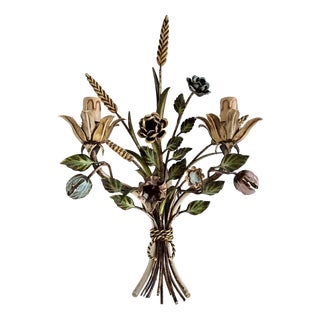 Italian Hand-Painted Tole Floral Bouquet Wall Sconce, 1940s For Sale