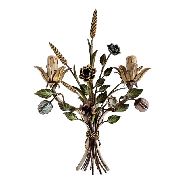 Italian Hand-Painted Tole Floral Bouquet Wall Sconce, 1940s For Sale