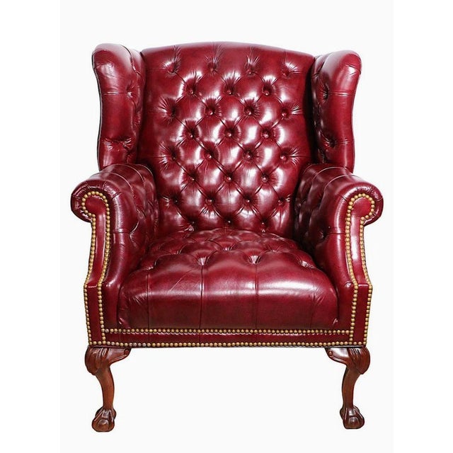 Burgundy Chesterfield Wingback Leather Chair & Matching Ottoman by Hancock and Moore For Sale - Image 8 of 12