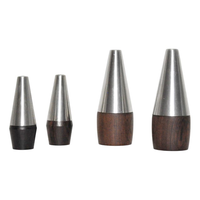 Danish Modern Rosewood and Stainless Steel Salt and Pepper Shakers, 1960s, Set of 4 For Sale