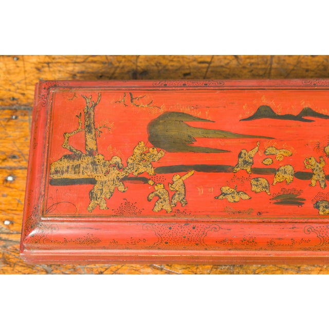 Chinese Qing Dynasty Red Lacquered Scroll Box with Distressed Gold Chinoiserie For Sale - Image 10 of 13