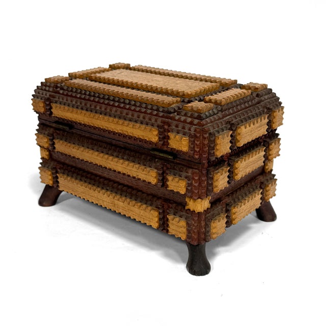 Antique Footed Two-Tone Tramp Art Jewelry Box With Mirror For Sale In Chicago - Image 6 of 10