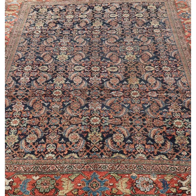 Tribal Mid 20th Century Antique Persian Sultanabad/Mahal Rug in Blue Background & Rust/Red Border For Sale - Image 3 of 13