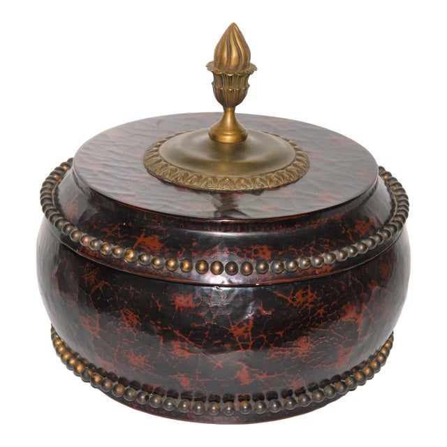 Maitland Smith Large Faux Crackled Cinnabar Bronze Studded Coromandel Round Stash Box For Sale