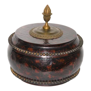 Maitland Smith Large Faux Crackled Cinnabar Bronze Studded Coromandel Round Stash Box