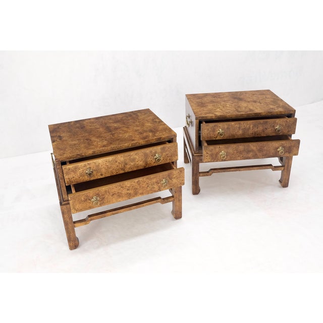 Pair of Burl Asian Campaign Fusion 2 Drawer Night Stands End Table Brass Pulls For Sale - Image 12 of 15