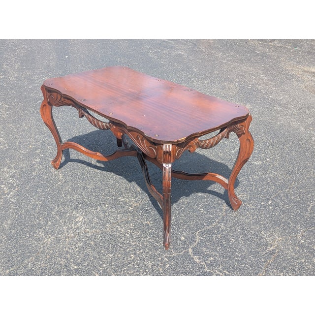 Rare Vintage French Style Carved Parlor Table With Glass Tray Top For Sale - Image 4 of 12