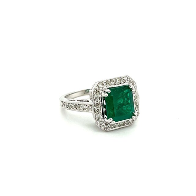 3-carat Colombian emerald ring, set in 18k white gold. This remarkable gemstone bears a rich, dark green color with...