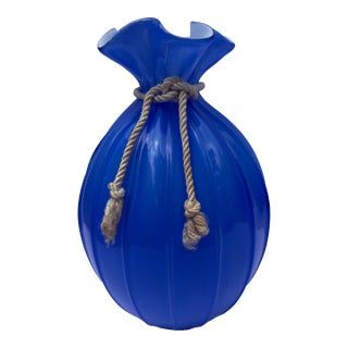 Large Vintage Hand-Blown 8" Blue Glass Opaline Money Bag Vase For Sale