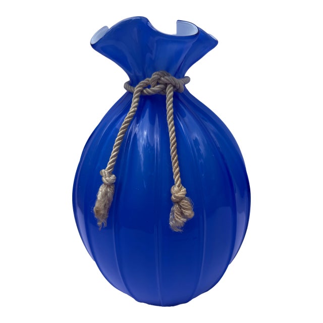 Large Vintage Hand-Blown 8" Blue Glass Opaline Money Bag Vase For Sale