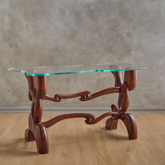Sculptural Walnut + Glass Top Console Table Attributed to Paul László, 1950s For Sale In Chicago - Image 6 of 11
