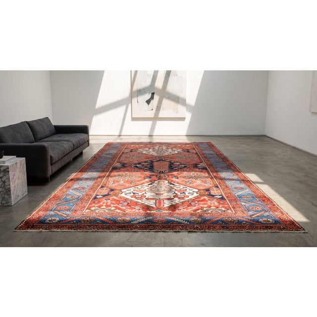 Raspberry Red 1900s Red Geometric Tribal Antique Persian Bakhtiari Rug 5' 3" X 10' 4" Handknotted Wool Carpet For Sale - Image 8 of 8