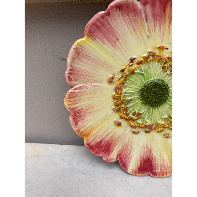 Delphin Massier Majolica Pink Flower Plate, Delphin Massier, Circa 1890 For Sale - Image 4 of 5