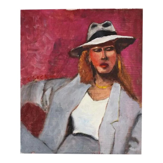Original Clair Seglem Pink Portrait Painting of a Woman in Suit 10” X 12” For Sale
