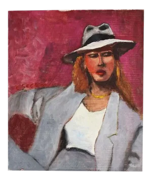 Original Clair Seglem Pink Portrait Painting of a Woman in Suit 10” X 12”