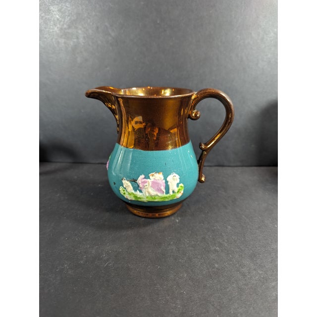 1850's English Copper Luster Ware Pitcher With Hand Painted Motif on Teal Colored Band For Sale - Image 10 of 10