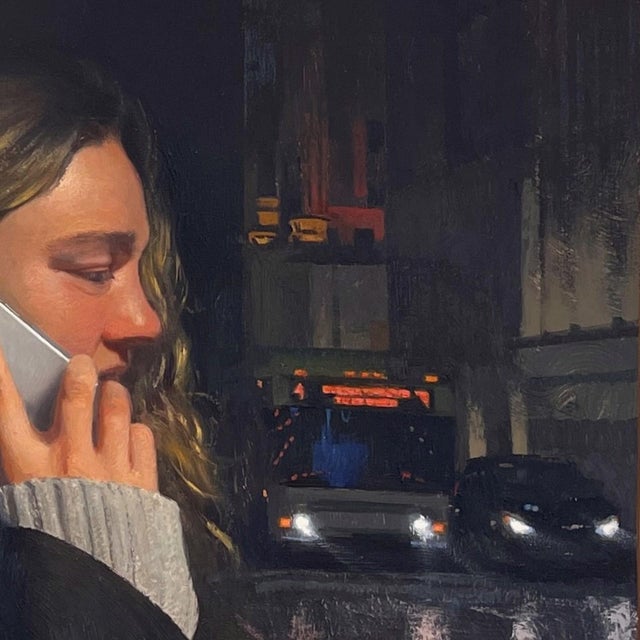 Business District by Brad Davis | Oil on wood panel Woman on phone in a city street at night. For Sale - Image 4 of 5