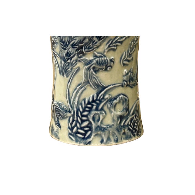 Chinese Cream Celadon Porcelain Blue Flower Gold Fishes Cylindrical Container For Sale - Image 3 of 10