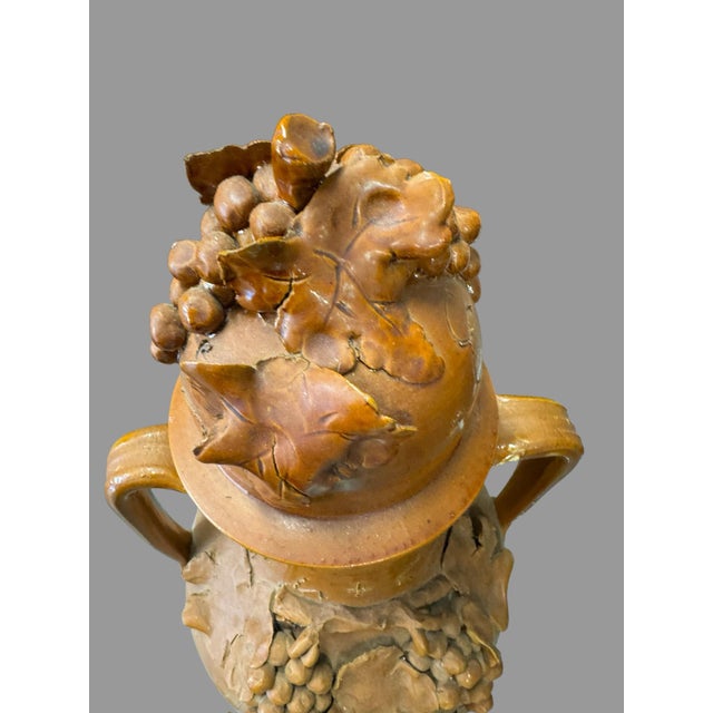Early 20th Century Antique Italian Terra Cotta Covered Urn Vase Grape Vine Relief 2 Handle Decorative Jar For Sale - Image 5 of 12