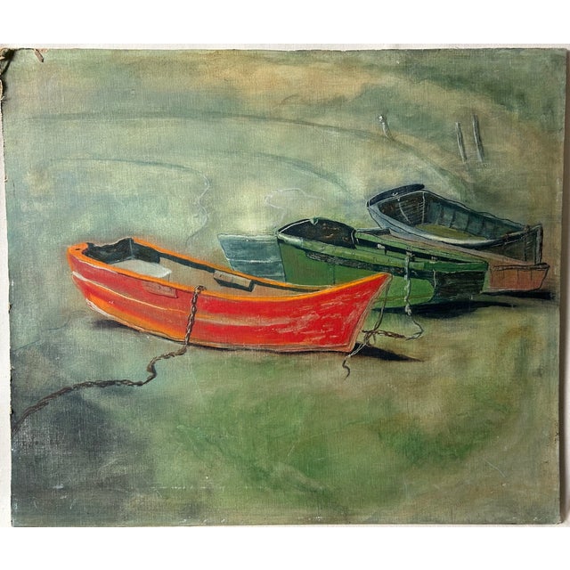 Lovely Mid-Century oil painting of a collection of boats laid up on the shoreline. Vibrant color and realism set on an...
