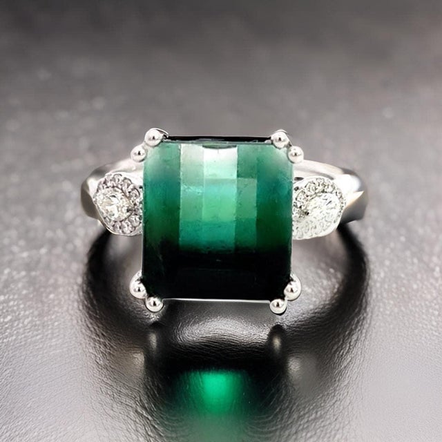 Natural Tourmaline Diamond Ring Size 7 14k W Gold 8.5 TCW Certified For Sale - Image 9 of 16