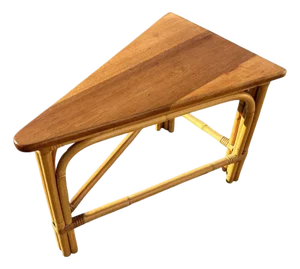 Mid 20th Century Restored Rattan Corner Wedge Table With Mahogany Tabletop