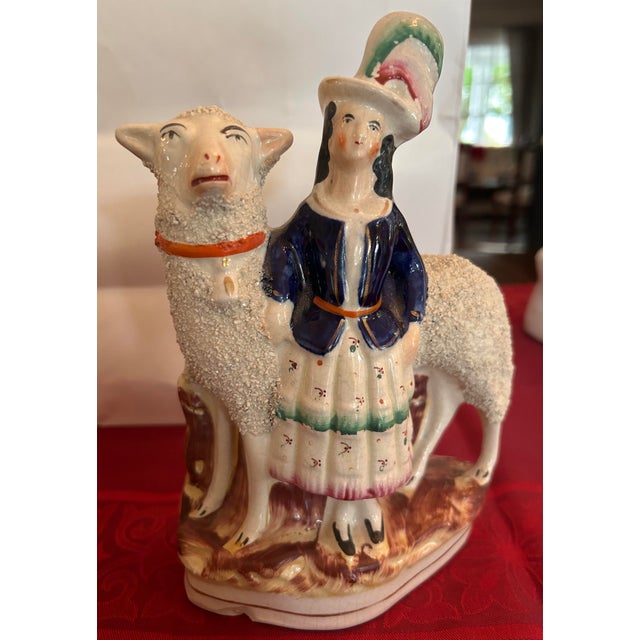 Victorian Pair of Antique Staffordshire Flatback Figurines, Pastoral Highland Nobles With Giant Sheep For Sale - Image 3 of 6