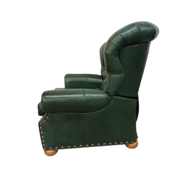 Wood Vintage Ethan Allen Forrest Green Leather Chesterfield Reclining Lounge Chair For Sale - Image 7 of 9