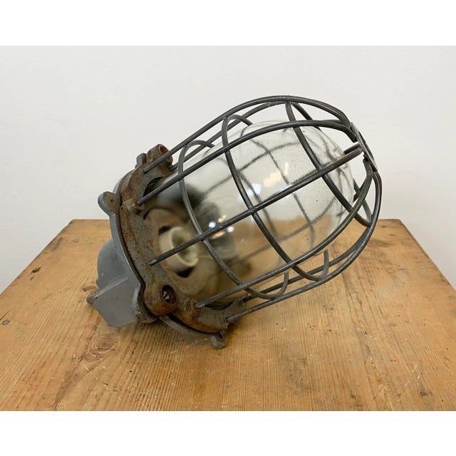 Industrial Grey Cast Iron Cage Pendant Light, 1960s For Sale - Image 13 of 14
