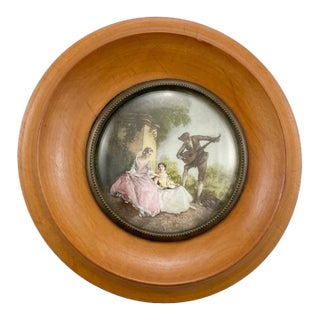 Vintage Spanish Pastoral Wall Plaque, Wood Framed Decorative Medallion With Metal Inset, 6.25" Round For Sale