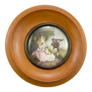 Vintage Spanish Pastoral Wall Plaque, Wood Framed Decorative Medallion With Metal Inset, 6.25" Round