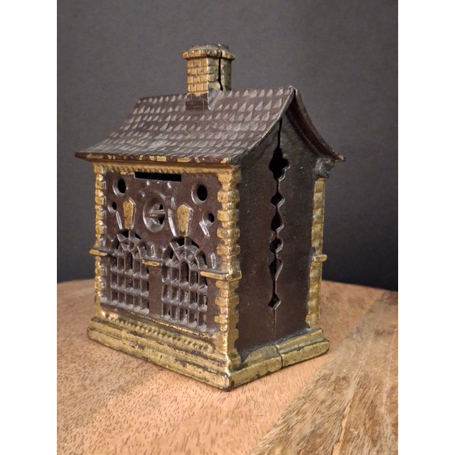Antique Cast Iron Roof Bank J&e Stevens Architectural Building Still Coin Savings Bank Gold Paint C. 1890 For Sale - Image 4 of 18
