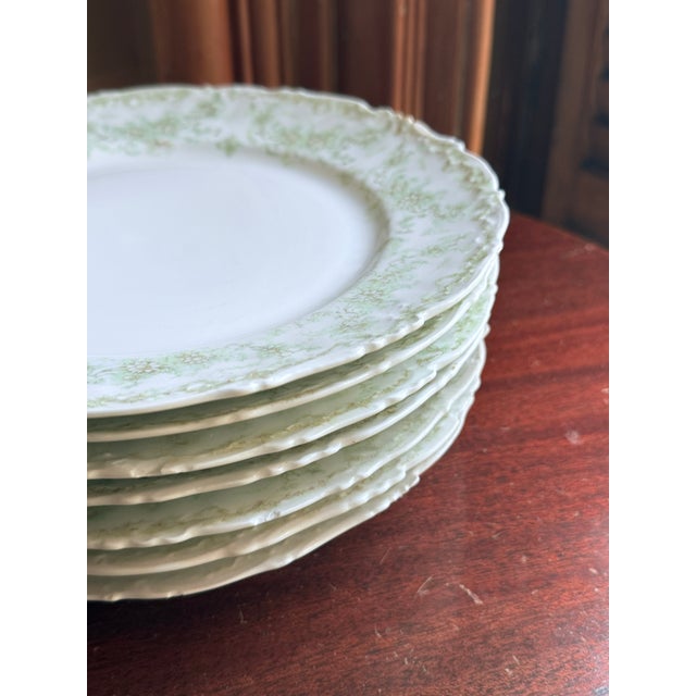 French Late 19th Century Elite Works Limoges France Porcelain Dinner Plates Green Floral Garland Scalloped Edge, 7 For Sale - Image 3 of 11