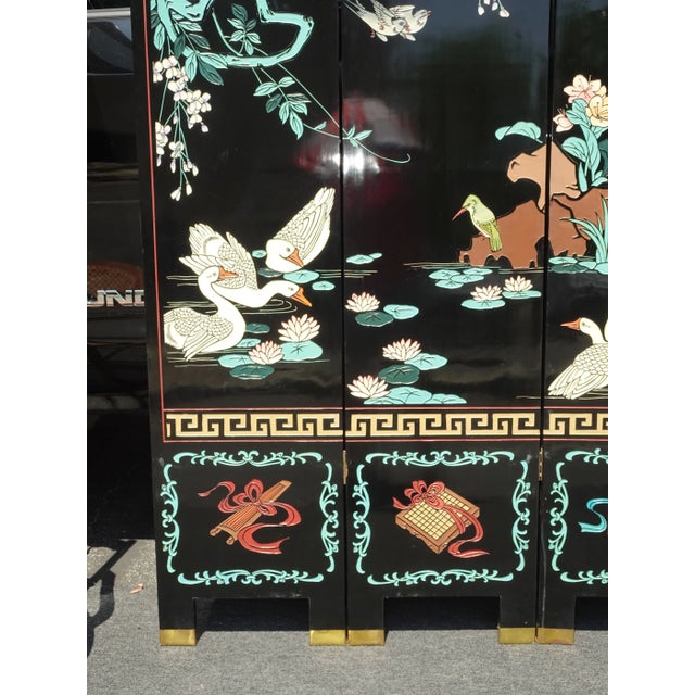 Vintage Oriental Asian Blue Coromandel Four Panel Screen Room Divider W Swans #2 For Sale In Los Angeles - Image 6 of 12