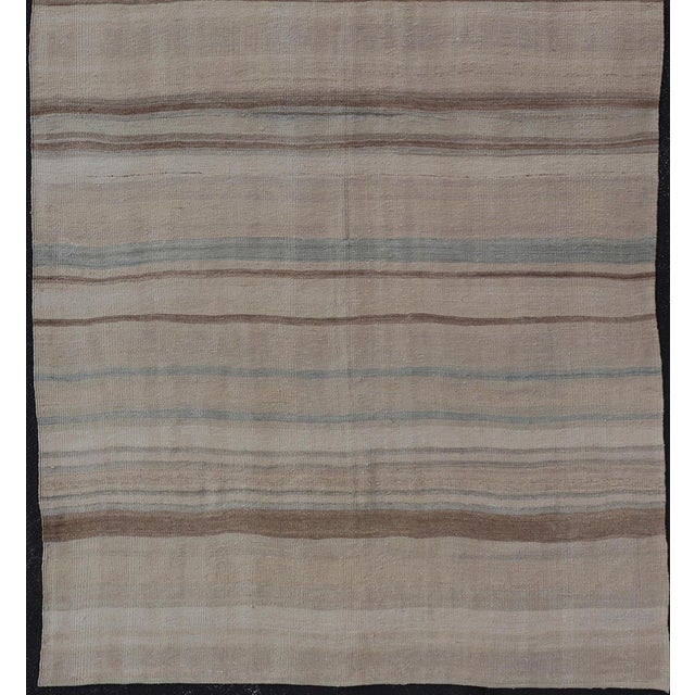 Subtle Horizontal Stripe Design Turkish Vintage Kilim Rug in Warm Neutral Tones For Sale - Image 4 of 11