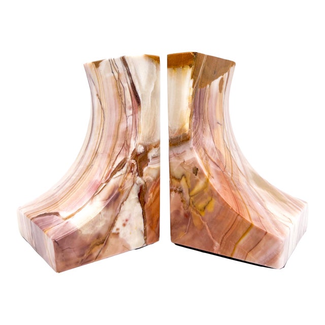 Vintage Pink & Honey Onyx Bookends – Sculptural Stone Pair – Organic Modern / Desert Chic For Sale