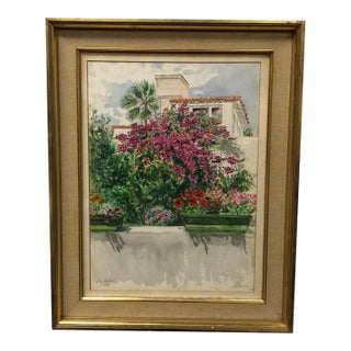 "A Villa Hiding in Bloom" - Original Watercolor Painting 1969 Signed on the Bottom, Framed For Sale