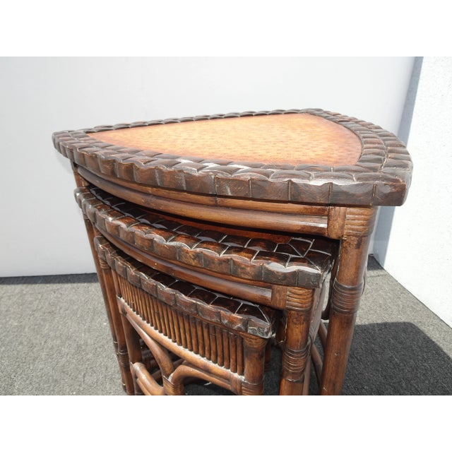 Set of Three Vintage Bamboo Coastal Rattan Leather Ostrich Nesting Tables Lh2 For Sale - Image 9 of 12
