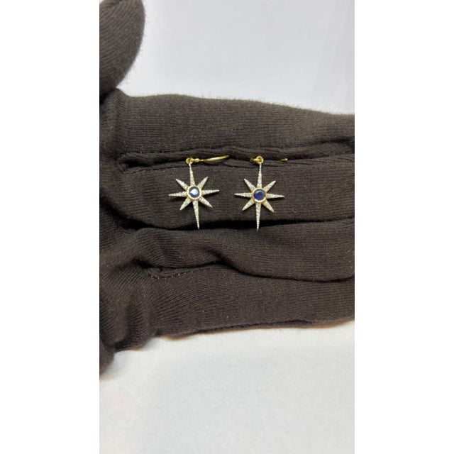 Metal Natural Blue Sapphire 0.63cts & Diamond 0.27cts Earring in 14k Gold For Sale - Image 7 of 8