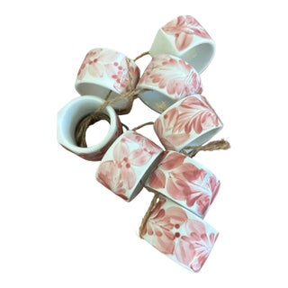 Vintage Hand Painted Pink Floral Ceramic Napkin Rings For Sale