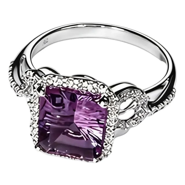 Late 20th Century 14K White Gold Micro Pave Diamond Amethyst Ring, Size 7 For Sale
