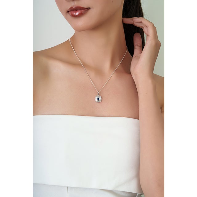 Radiant Emerald-Cut Deep Blue Sapphire & Diamond Halo Pendant in 14k Gold For Sale - Image 10 of 14