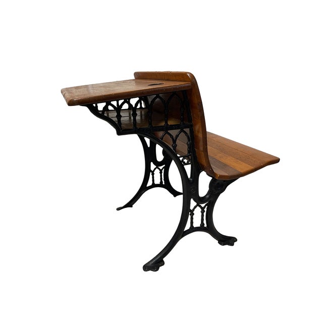 Antique Combination School Desk and Seat Unit, Cast Iron and Hardwood, Marked Chicago New York A single antique...
