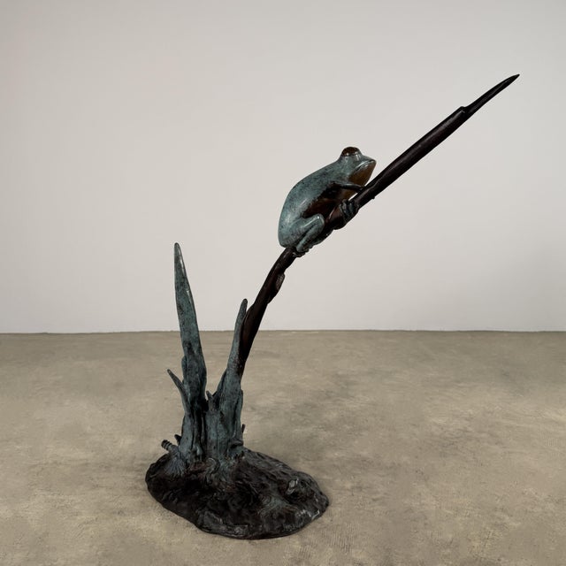 Bronze Frog Fountain Sculpture, 30” Tall, Verdigris Garden Water Feature For Sale - Image 10 of 14