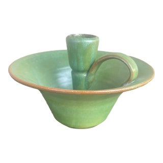 Vintage Owens Pottery Matte Green Chamberstick Candle Holder For Sale