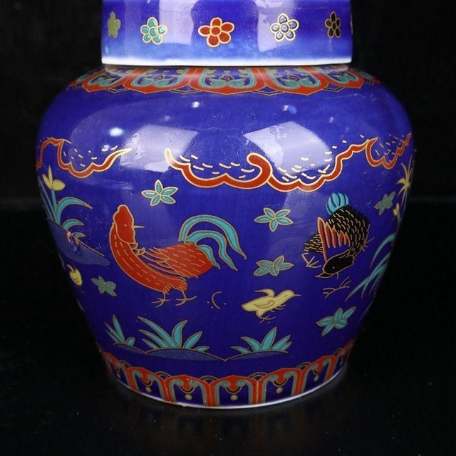 Blue Ground Doucai Rooster Family Porcelain Ginger Jar, Chinoiserie Lidded Canister For Sale - Image 9 of 9
