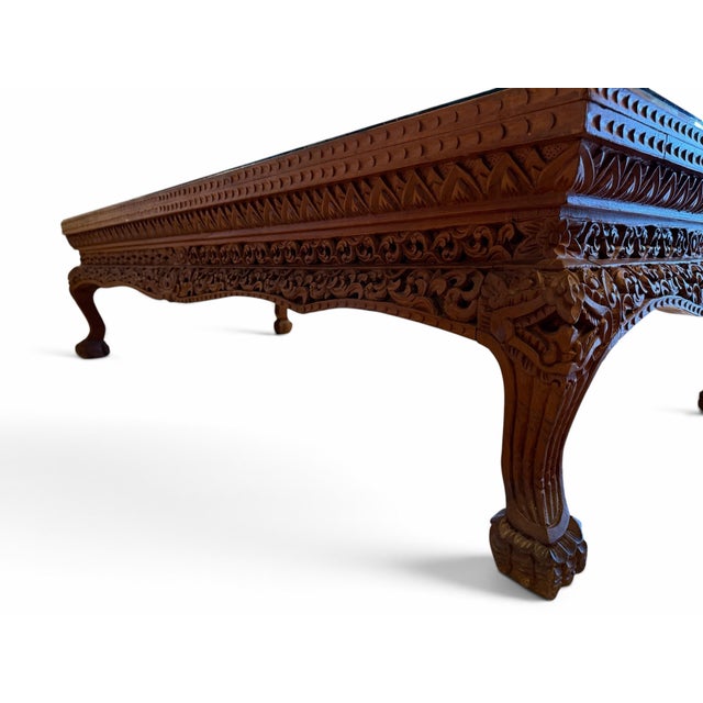 Late 20th Century Vintage Hand-Carved Teakwood Coffee Table With Custom Glass Top For Sale - Image 5 of 8