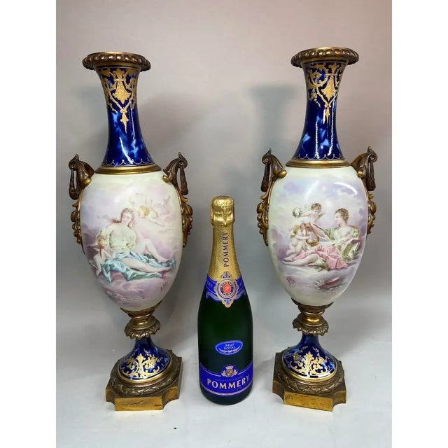 Pair of 19th-Century French Sevres Porcelain Vases With Gilded Bronze Mounts For Sale - Image 12 of 12