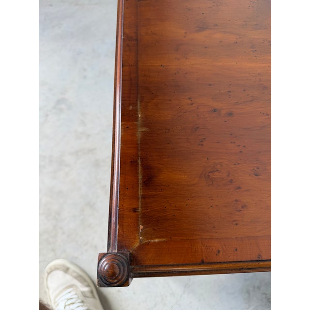 Hekman Regency Style Olive Wood & Mahogany End Tables With Drawer and Casters – A Pair For Sale - Image 11 of 12