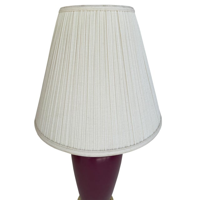 Metal Vintage Sang De Boeuf Oxblood Glazed Ceramic and Brass Table Lamps With Shades - a Pair For Sale - Image 7 of 10